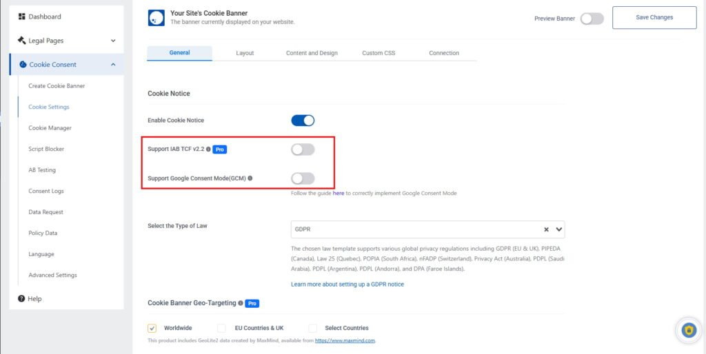 Cookie Banner Settings