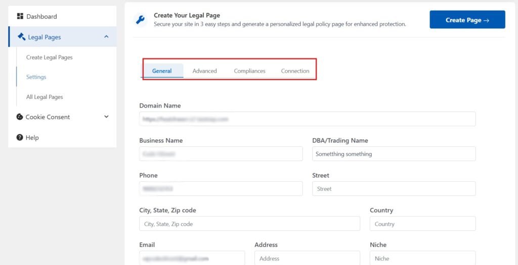 Settings for Legal Pages